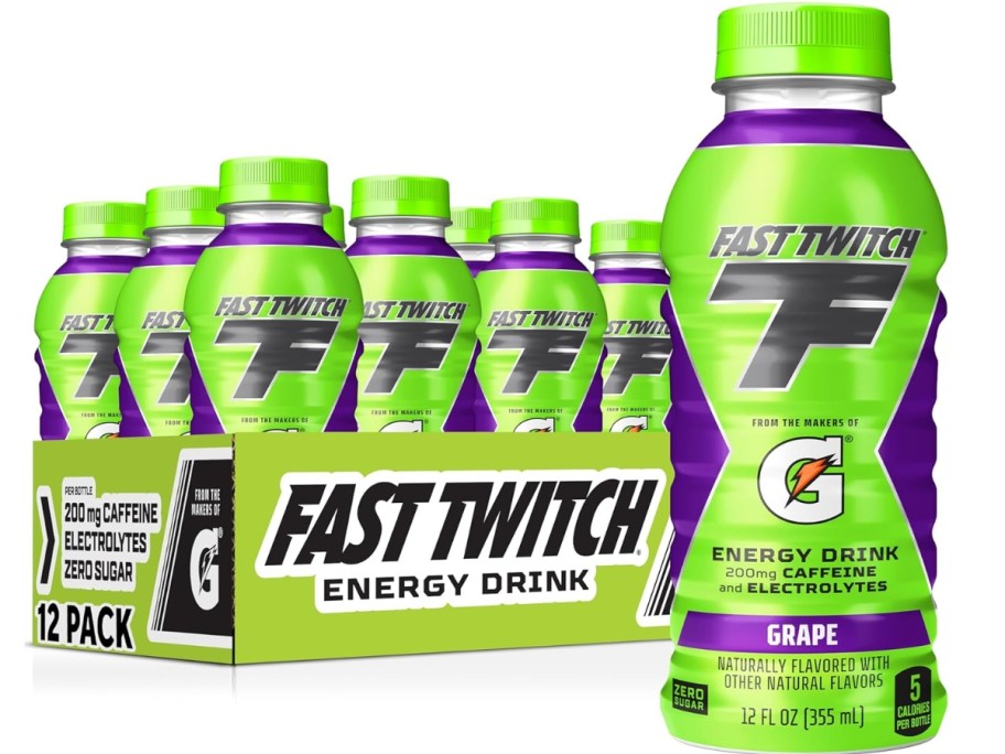 Gatorade Fast Twitch Energy Drinks 12 pack in a box with a single bottle in front