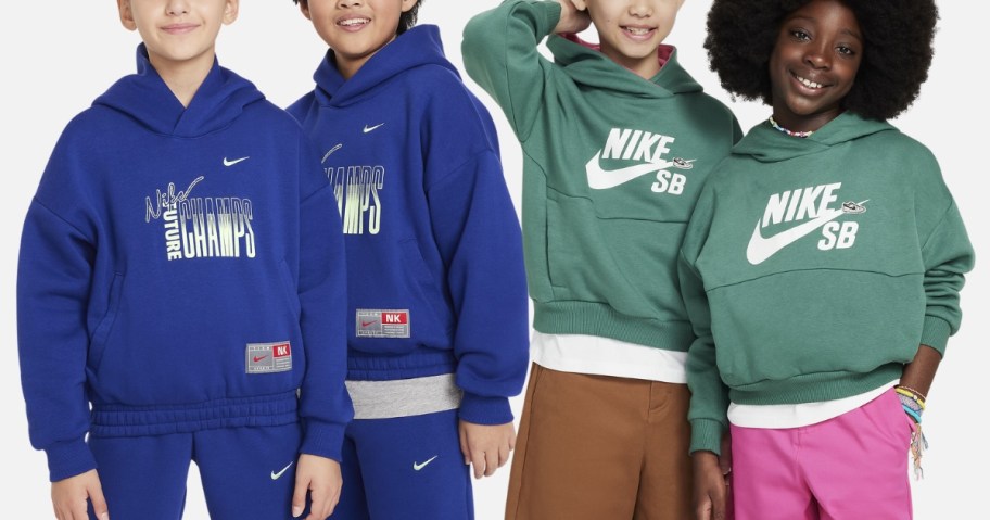 kids wearing blue Nike "future champs" hoodies and kids wearing green Nike SB logo hoodies