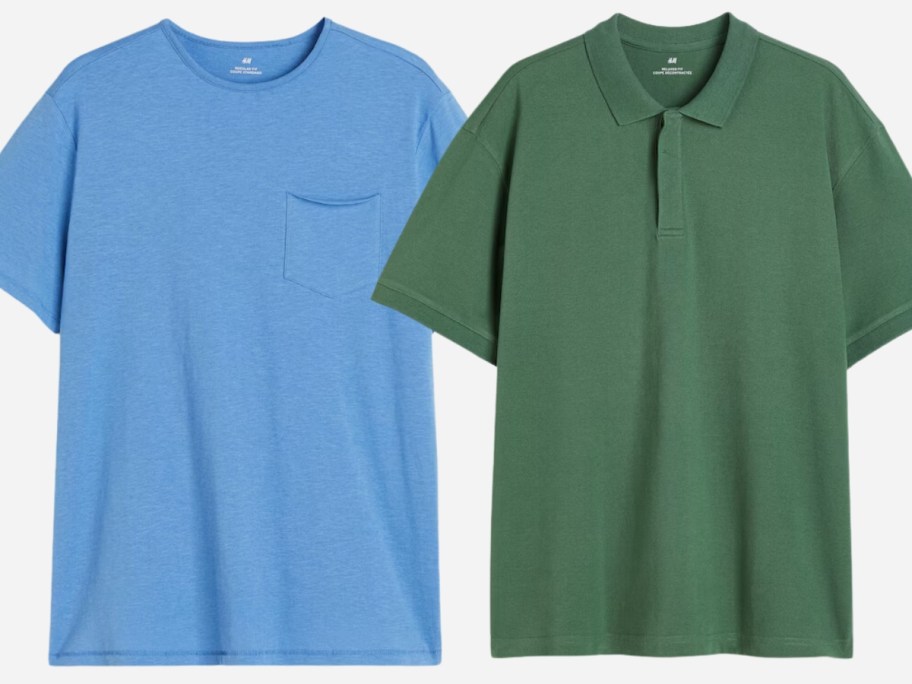 men's blue tshirt and green polo shirt