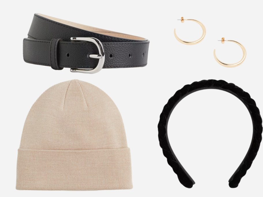 women's belt, gold hoop earrings, tan beanie hat, and black headband