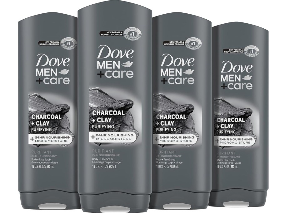 4 bottles of Dove Men+Care Elements Body Wash Charcoal + Clay