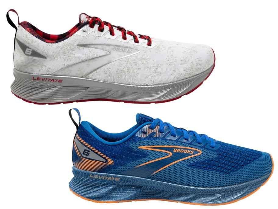 women's white, silver and red and men's blue and orange Brooks running shoes