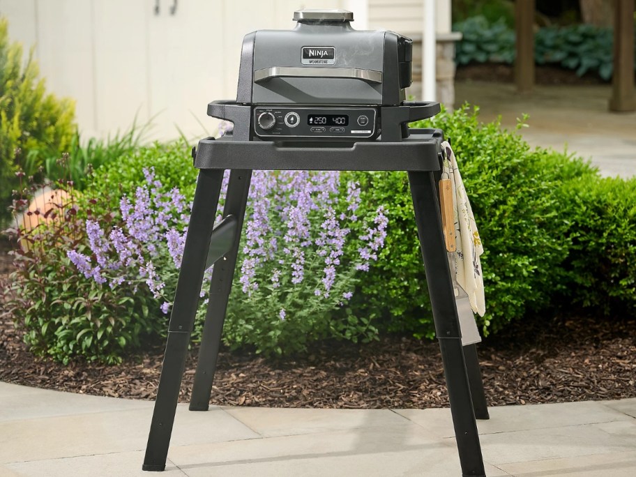 Ninja Woodfire Grill on a stand on a back patio