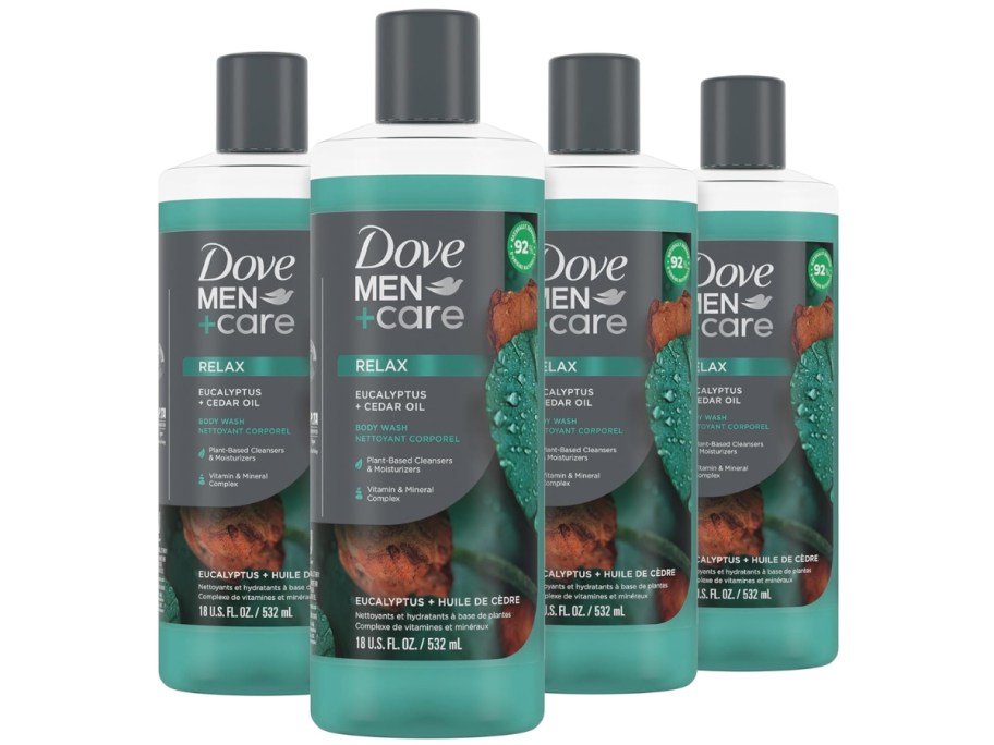 4 bottles of Dove Men+Care Body Wash Eucalyptus + Cedar Oil