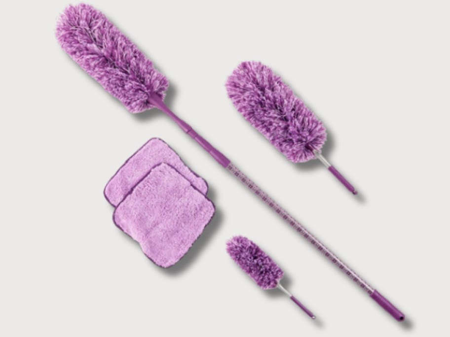 purpe dusting set with long hande duster, medium duster and small duster plus 2 microfiber cleaning cloths