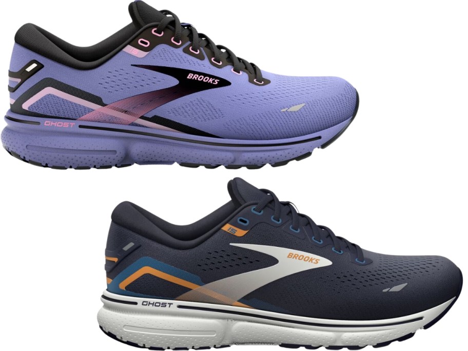 women's purple, pink and black and men's blue, grey and orange Brooks running shoe