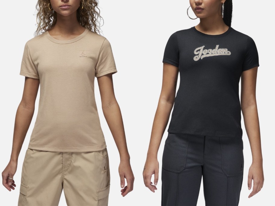 woman waring a tan Nike Jordan small logo tshirt next to a woman wearing a black Jordan tshirt 