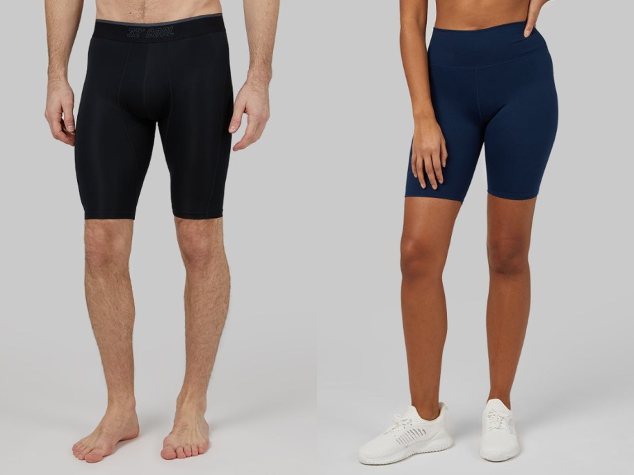 man wearing black compression shorts, woman wearing blue bike shorts