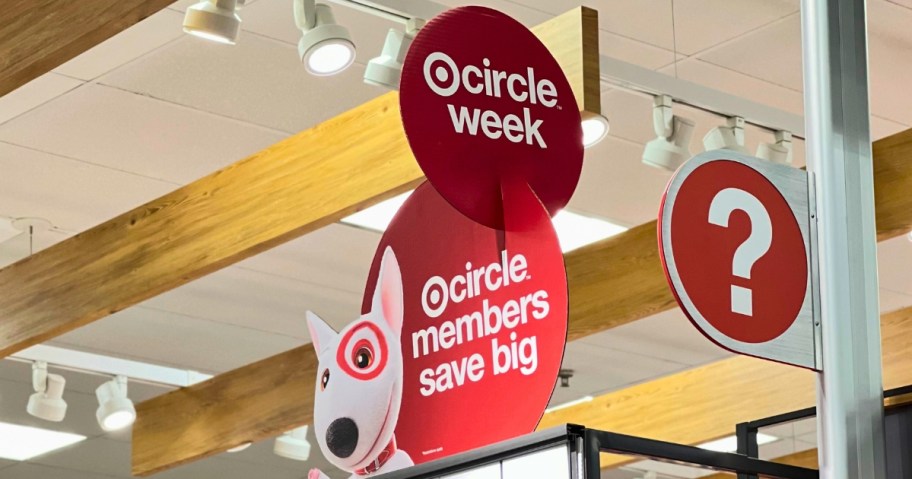 Target store red signage with Bullseye dog that says Circle Week - Circle Members Save Big