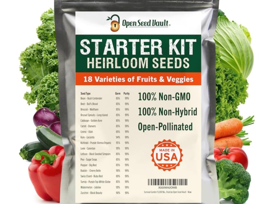 starter seed pack with veggies behind it