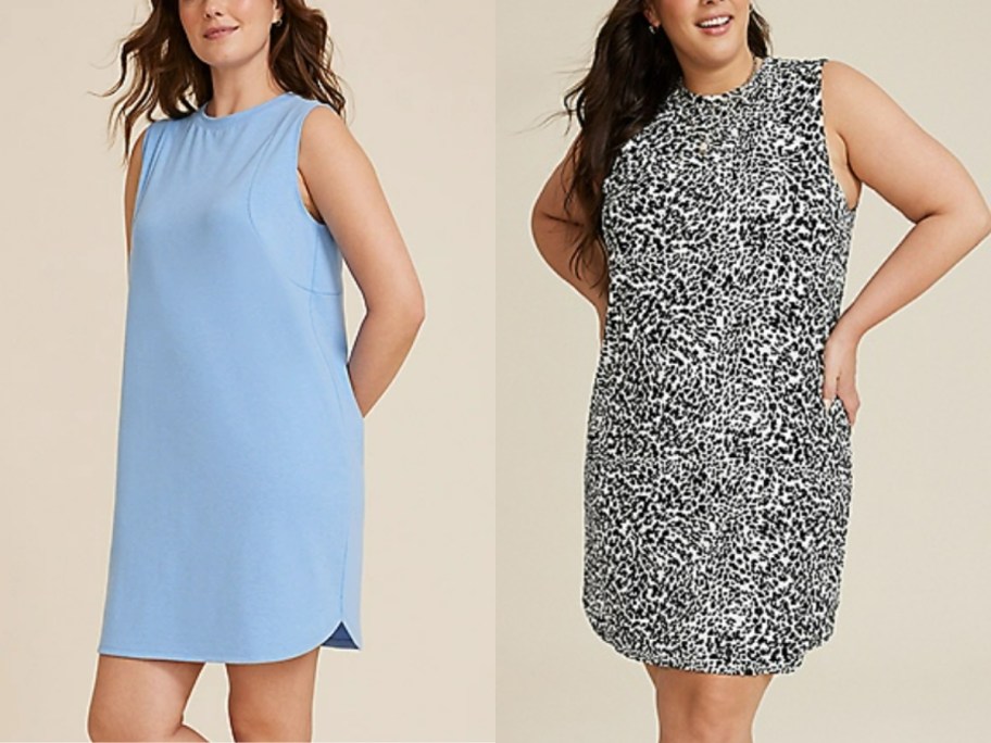 women wearing different color sleeveless tee style dresses
