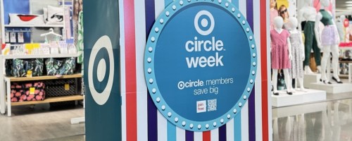 large striped sign that says "Target Circle Week" inside a Target store