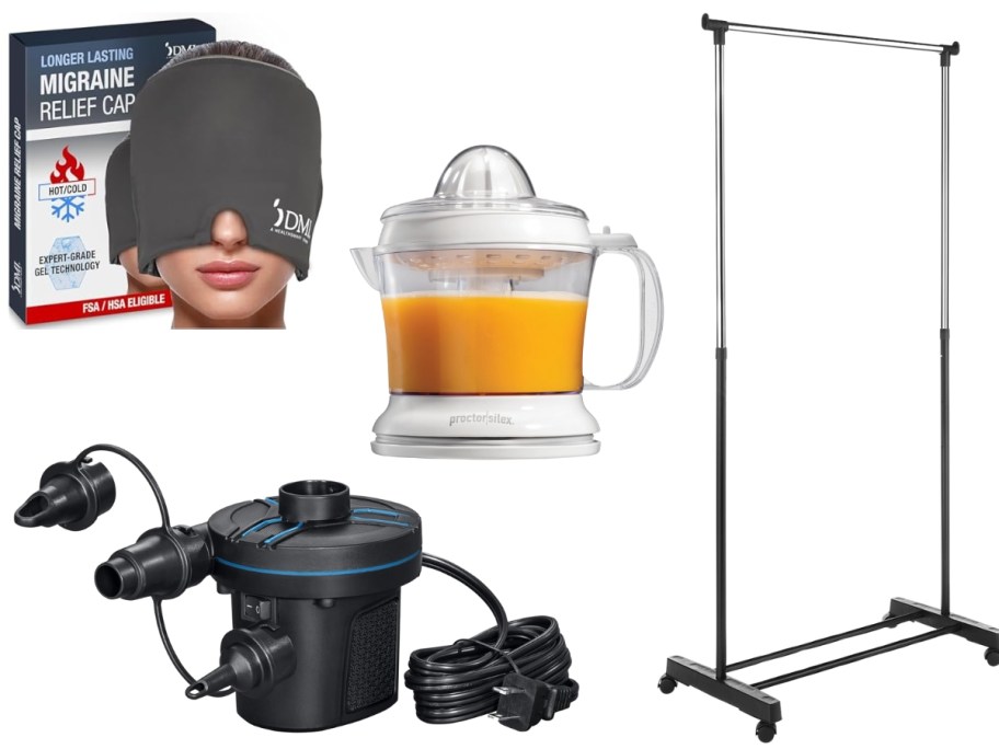 migraine cap with box, juicer with orange juice in it, electric pump and metal adjustable garment rack