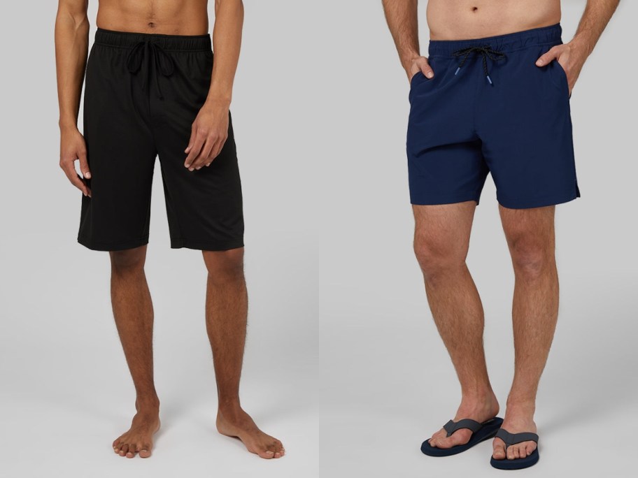 man wearing black longer sleep shorts, man wearing navy active swim shorts