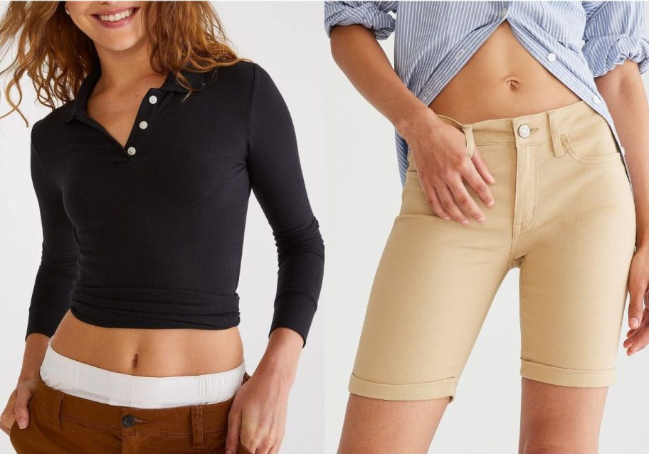 Stock images of women wearing Aeropostale uniform long sleeve polo and Bermuda shorts