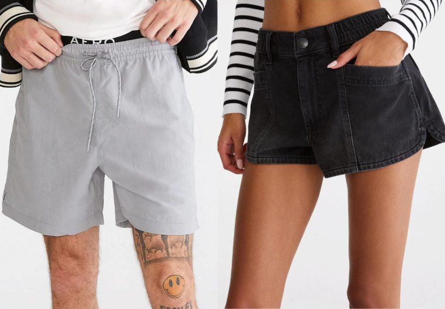 Stock images of a man and a woman wearing Aeropostale shorts