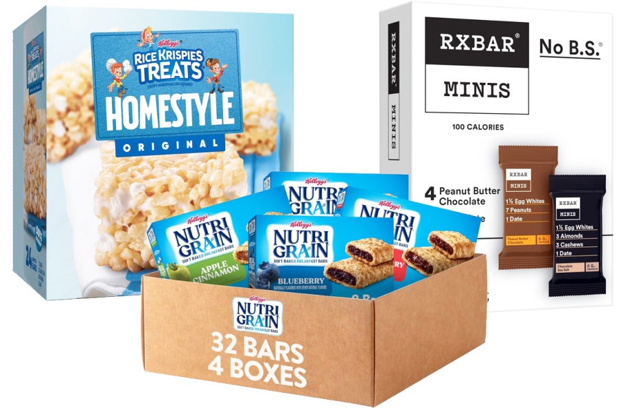 boxes of Nutri-Grain, Rice Krispies, and RXBAR snack bars