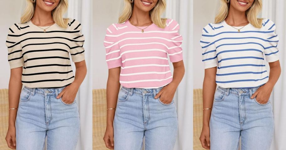 woman wearing the same Haeof Women's Striped Puff Short Sleeve Tee in three different colors