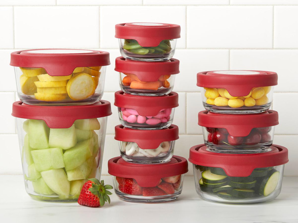 different sizes of Anchor Hocking glass containers with red lids