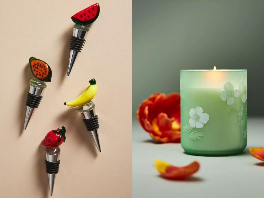 wine stoppers and a candle