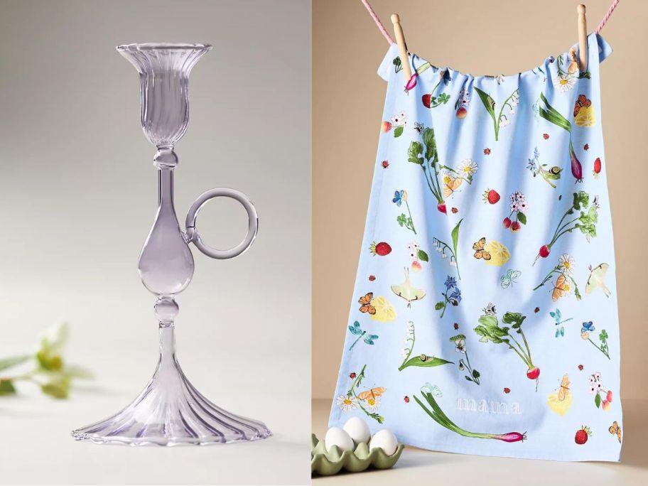 A candle holder and a floral tea towel 