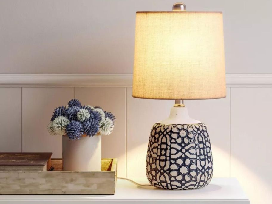 A blue ceramic table lamp 