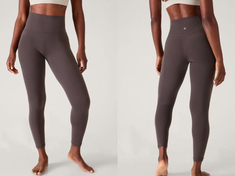Front and back view of a woman wearing Athleta leggings