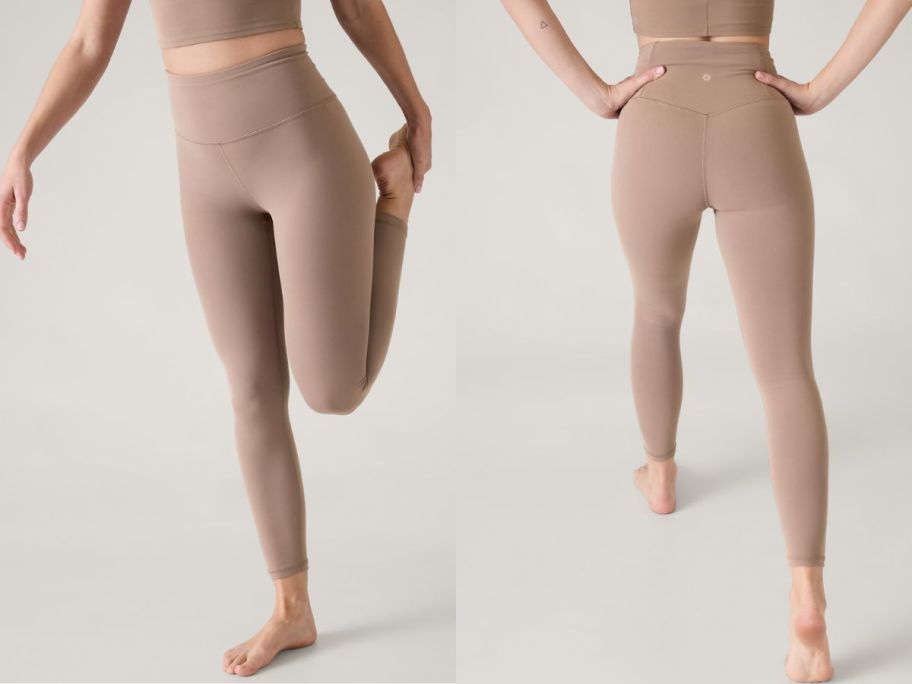 Front and back view of a woman wearing Athleta Leggings