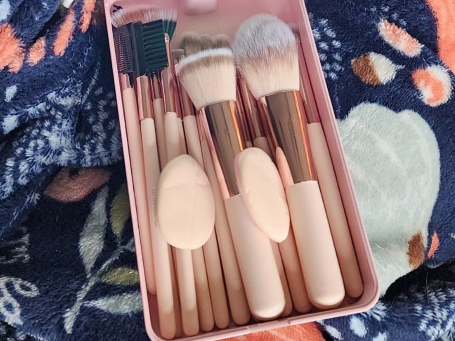 makeup brushes in a pink case on a throw blanket