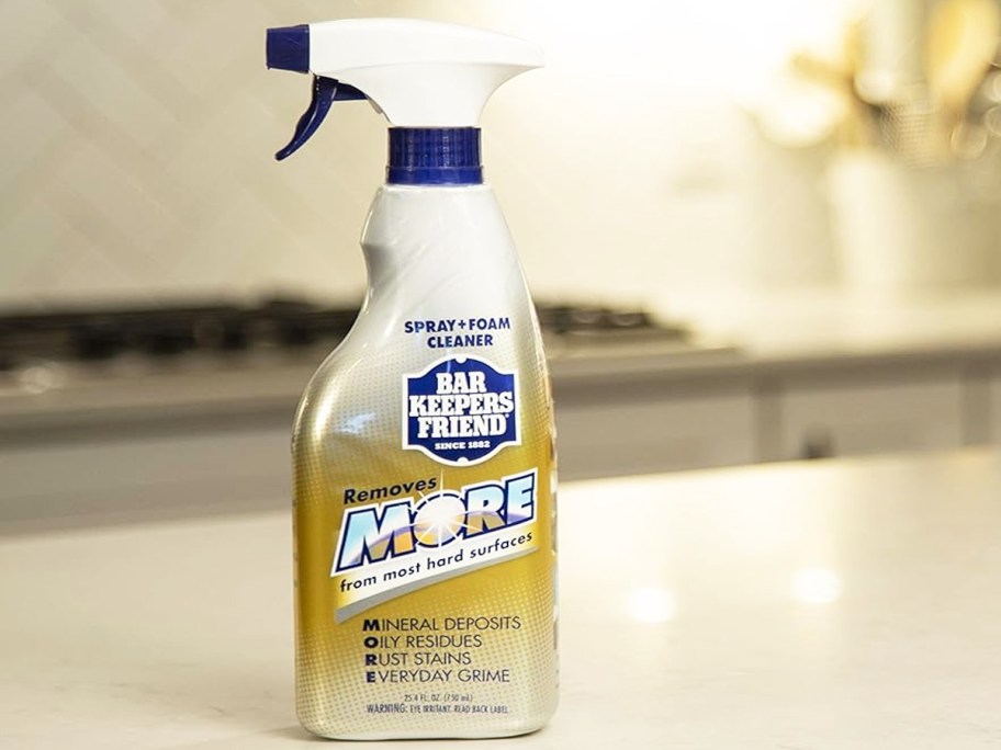 bottle of Bar Keepers Friend Spray & Foam Cleaner on kitchen counter