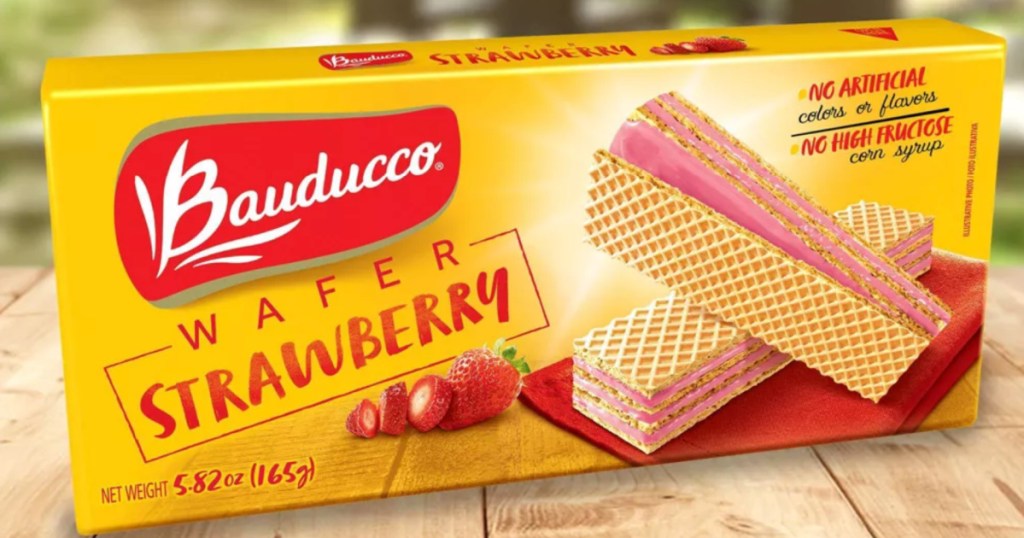 Bauducco Strawberry Wafers on wooden tabletop