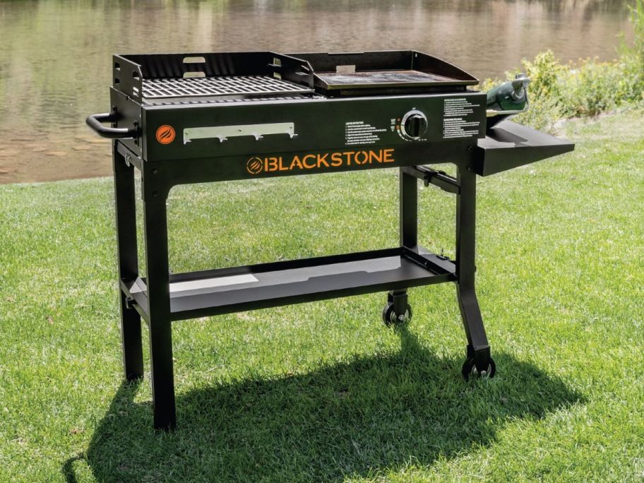 Blackstone Duo 17" Griddle and Grill Combo on the grass outside