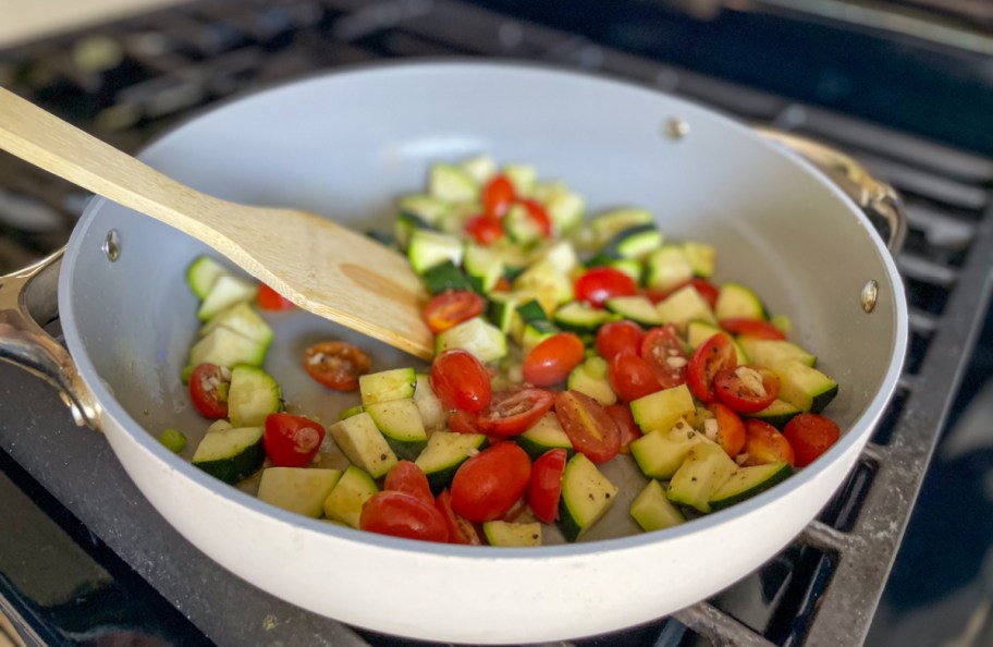 Cooking a blue apron meal in a skillet