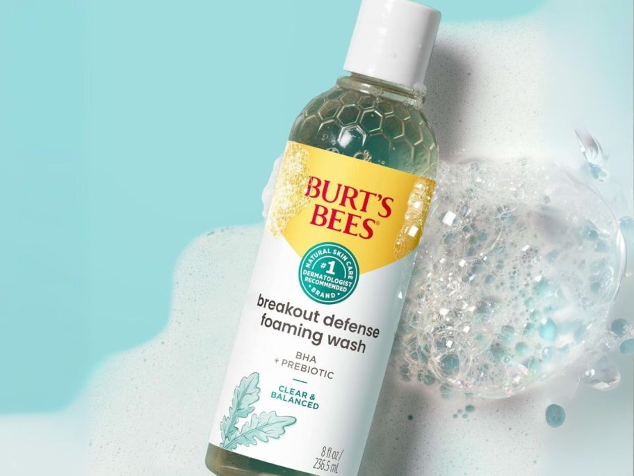 Burt's Bees Clear & Balanced Breakout Defense Foaming Wash 8oz with bubbles next to it