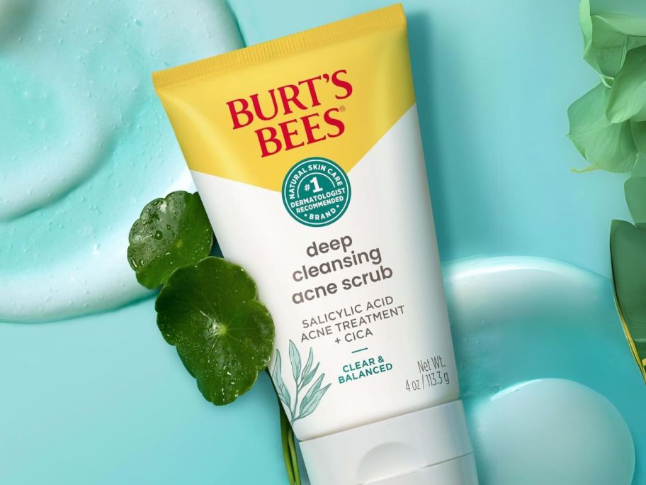 Burt's Bees Clear & Balanced Deep Cleansing Acne Scrub 4oz bottle with leaves next to it