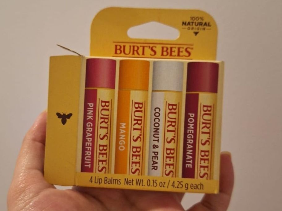 A hand holding Burt's Bees Lip Balm 4-pack