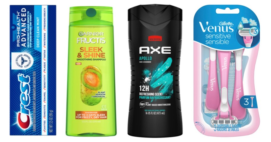 toothpaste, shampoo, body wash and disposable razor