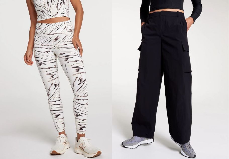 a model wearing a pair of white patterned legging and a model wearing a pair of black cargo pants