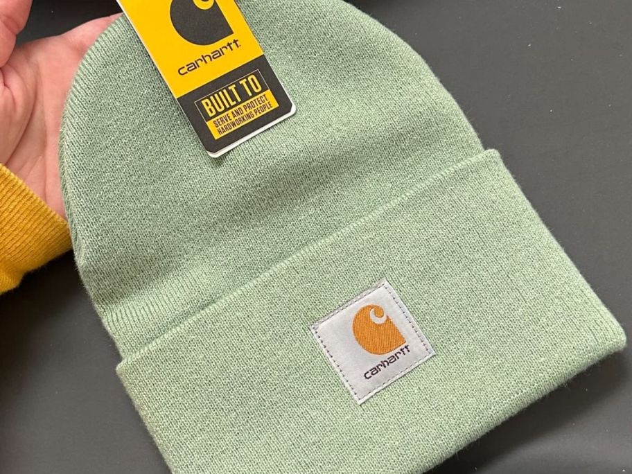 Hand holding a brand new Carhartt Beanie