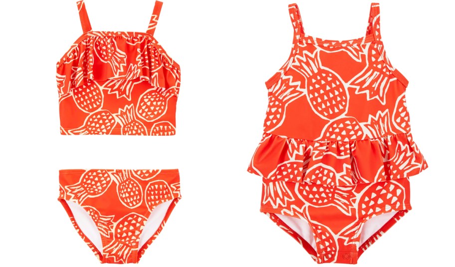 two orange pineapple print bathing suits