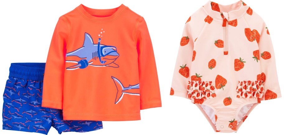 shark and strawberry print kids bathing suits