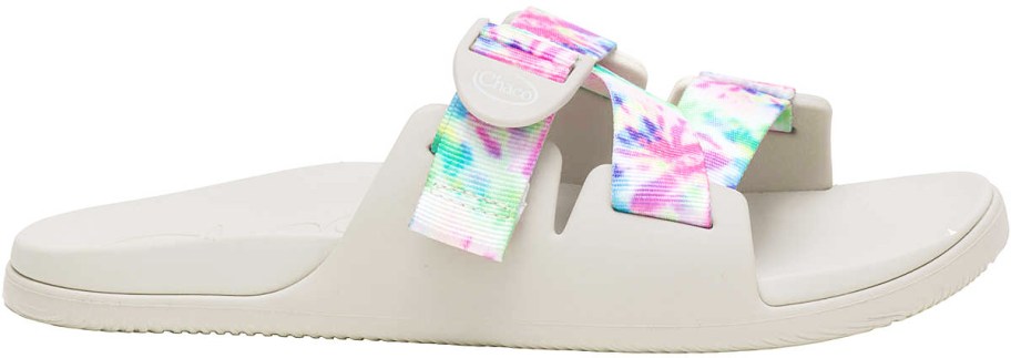 white sandal with tie dye straps