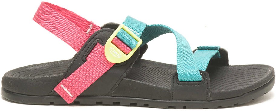 black sandal with blue and pink straps