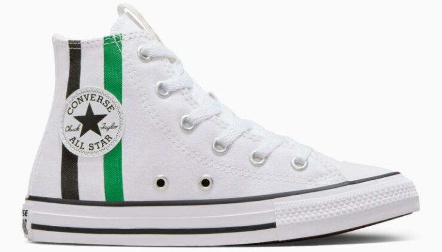 a white high top sneaker with green and blue stripes