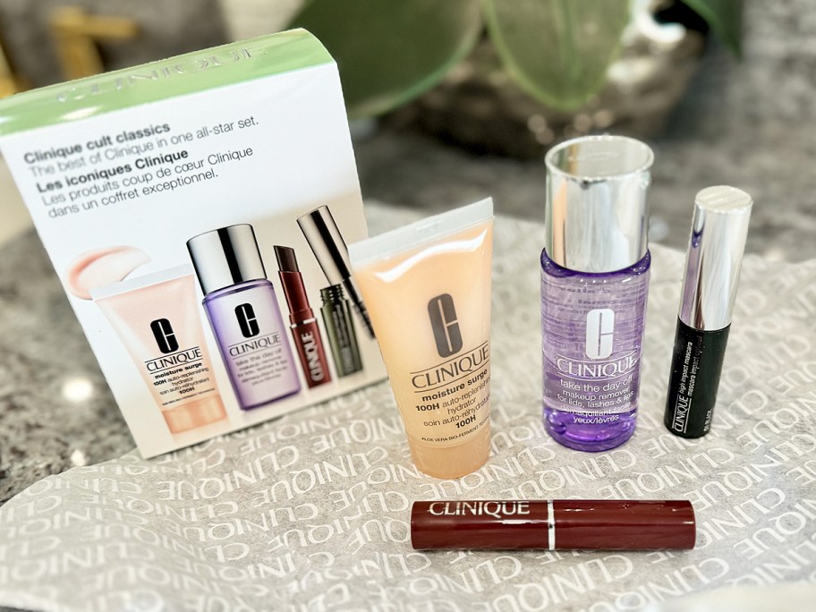 clinique minis gift set box and products on bathroom counter