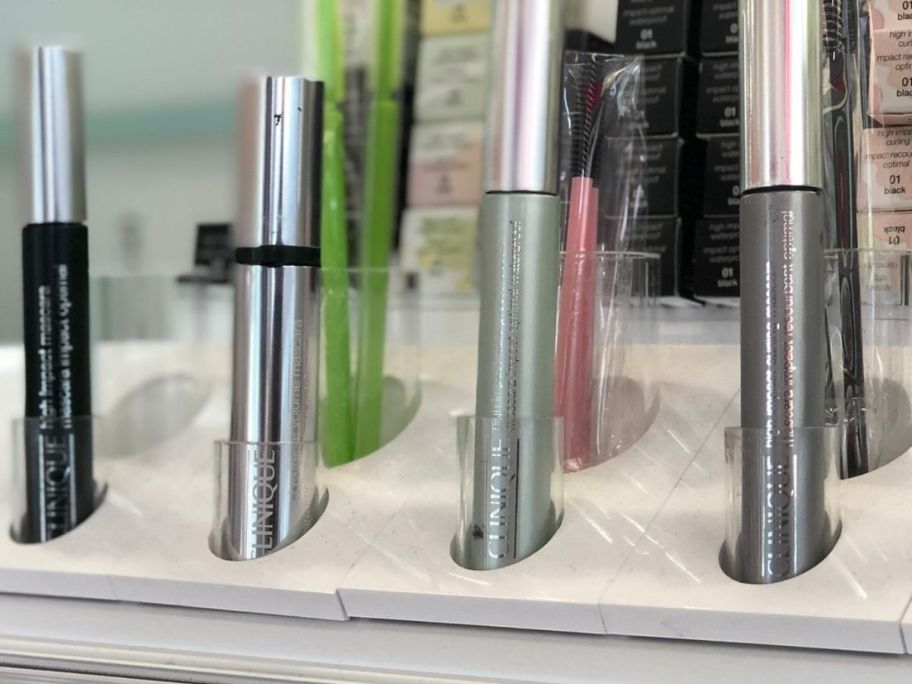 Clinique Mascaras on Display at a store with tester tubes