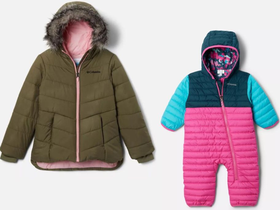 Stock images of a Columbia Girls winter jacket and an infant bunting