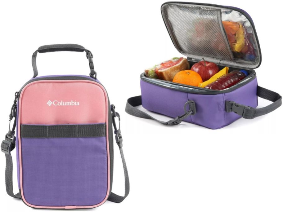 Stock images of Columbia Trek Lunch Bag closed and open with food inside