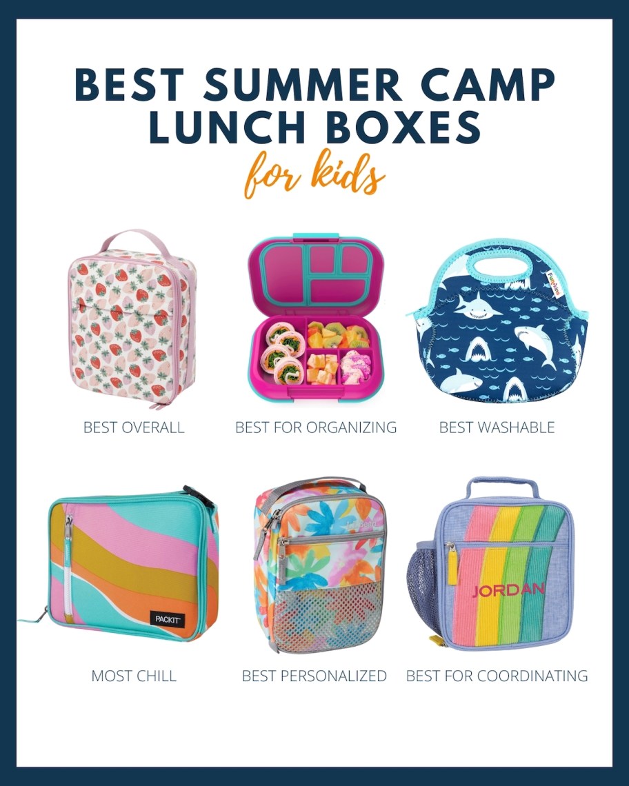 graphic collage of best summer camp lunch boxes for kids