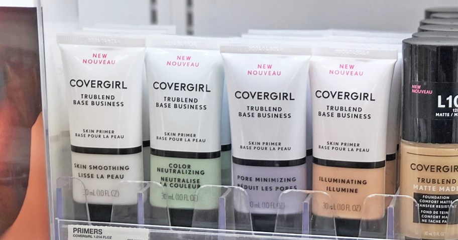 row of CoverGirl face primers on display in store
